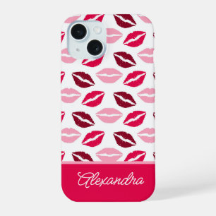 Cute Pink And Red Lipstick Kisses Script Name iPhone 15 Case