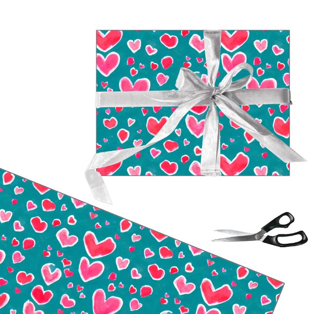 Cute pink and red watercolour hearts pattern wrapping paper (Creator Uploaded)