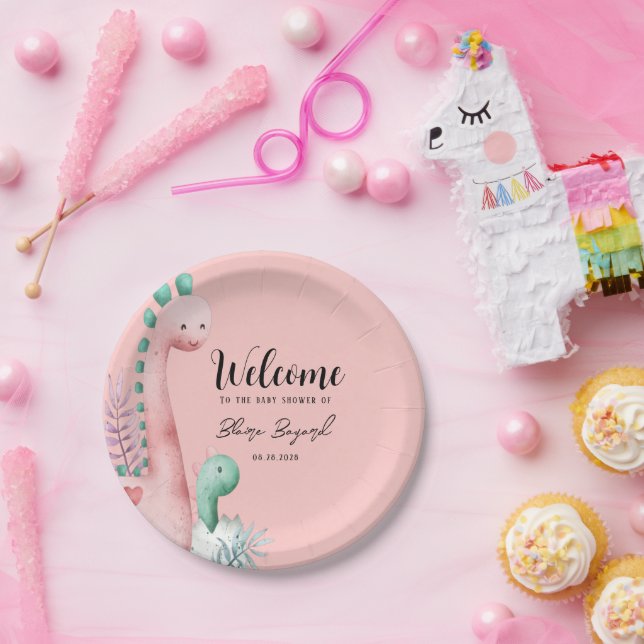 Cute Pink and Teal Dinosaurs Baby Shower Paper Plate (Party)