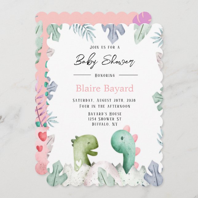 Cute Pink and Teal Dinosaurs Girl Baby Shower Invitation (Front/Back)