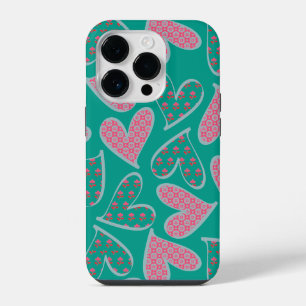 Cute Pink and Teal Floral Hearts Pattern iPhone 14 Pro Case