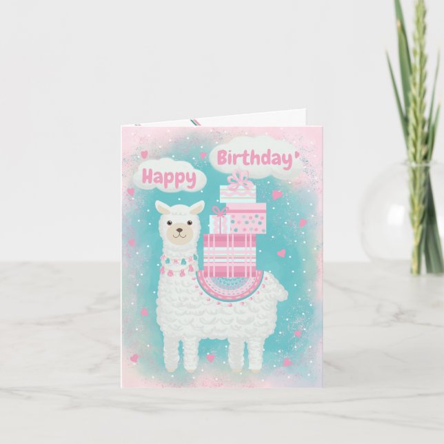 Cute pink and turquoise llama with gifts note card (Front)