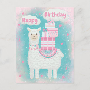 Cute pink and turquoise llama with gifts postcard