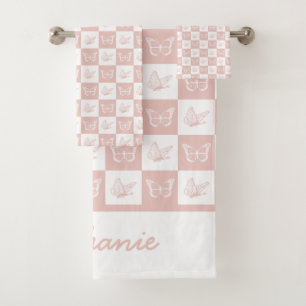 Cute Pink and white butterfly pattern personalised Bath Towel Set