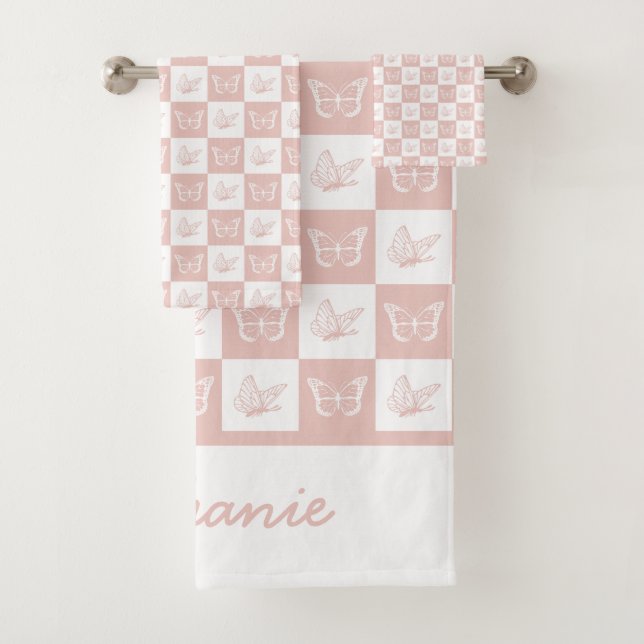 Cute Pink and white butterfly pattern personalised Bath Towel Set (Insitu)