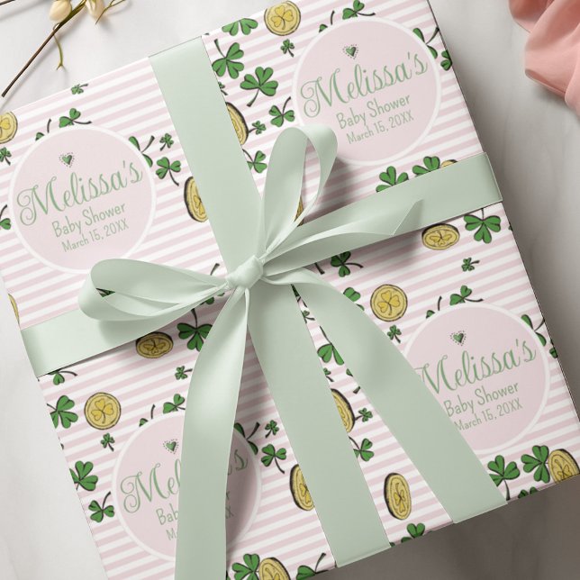 Cute Pink and White Clovers Irish Baby Shower Wrapping Paper Sheet (Cute and Feminine Hand-drawn Irish Illustrations against a Pastel Pink and White Pinstripe Pattern. )