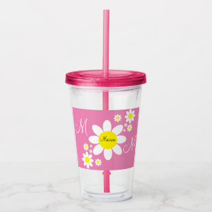 Cute Pink and White Daisies Floral Custom Name Acrylic Tumbler