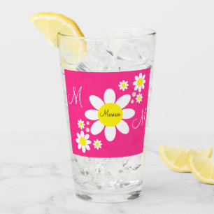 Cute Pink and White Daisies Floral Custom Name Glass
