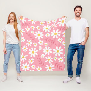 Cute Pink and White Daisy Floral Seamless Pattern Fleece Blanket