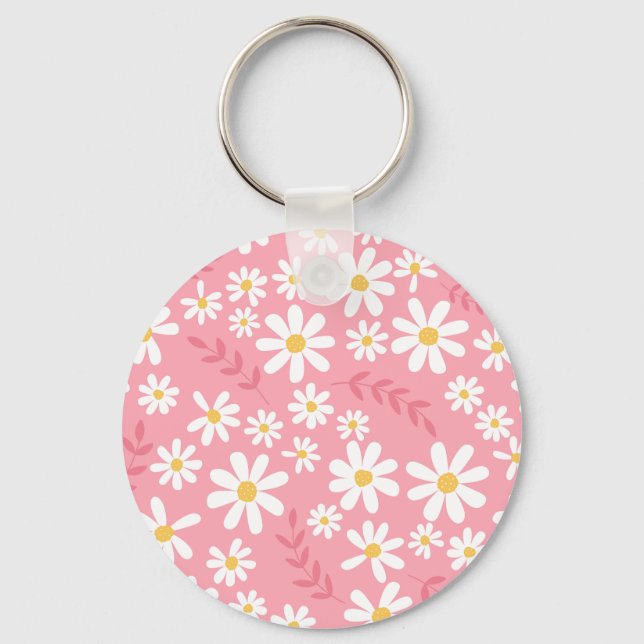 Cute Pink and White Daisy Floral Seamless Pattern Key Ring (Front)