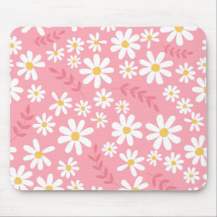 Cute Pink and White Daisy Floral Seamless Pattern Mouse Pad
