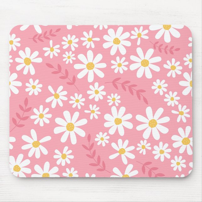 Cute Pink and White Daisy Floral Seamless Pattern Mouse Pad (Front)