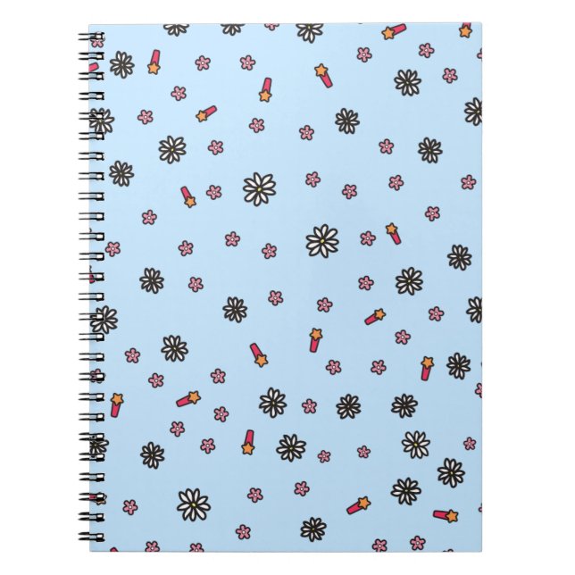 Cute pink and white floral with stars in blue notebook (Front)