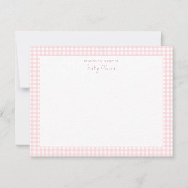 Cute pink and white gingham Baby girl flat  Thank You Card (Front)