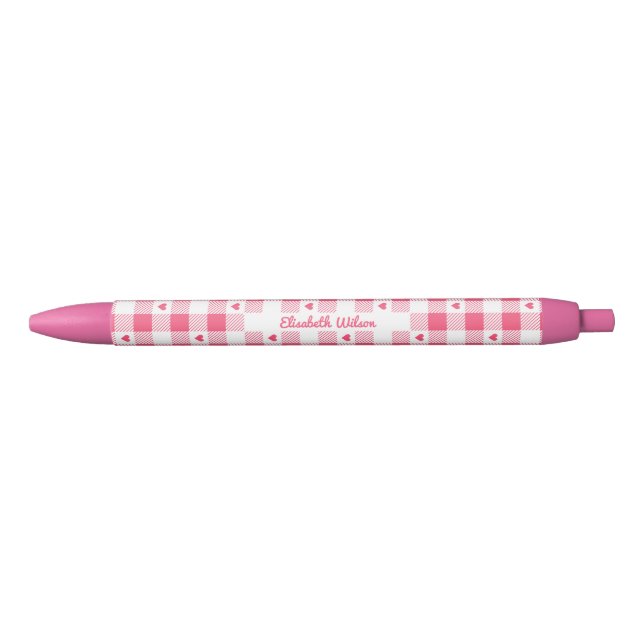 Cute Pink and White Gingham Chequered with Hearts  Black Ink Pen (Front)