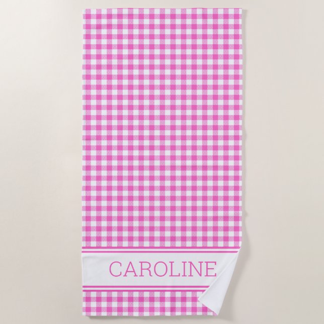Cute Pink and White Gingham Plaid Check Beach Towel (Front)