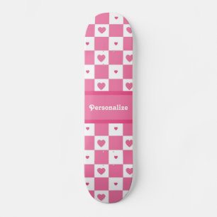 Cute Pink and White Heart Pretty Squares With Name Skateboard