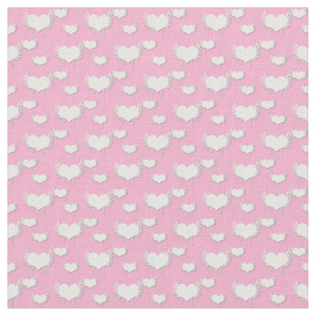 Cute Pink and White Hearts with Wings Pattern Fabric (Close Up)