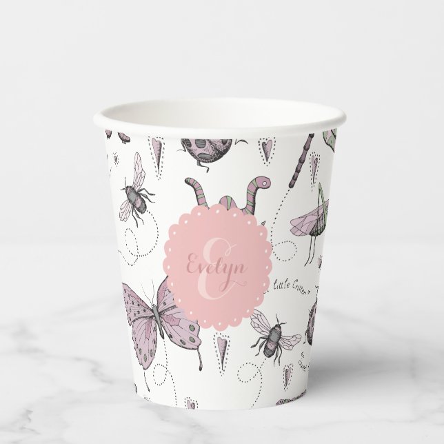Cute Pink and White Insects Monogram Paper Cups (Front)