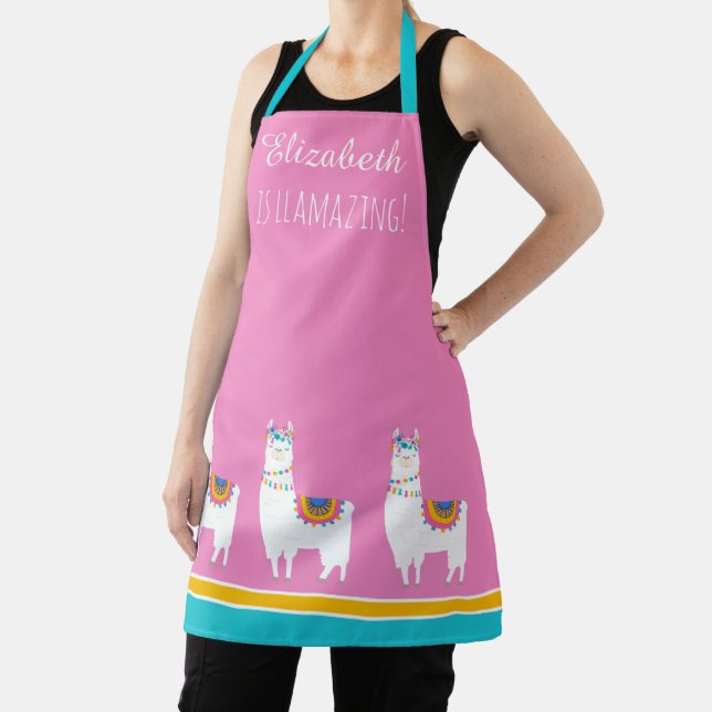 Cute Pink and White Llama Personalised Apron (Insitu)