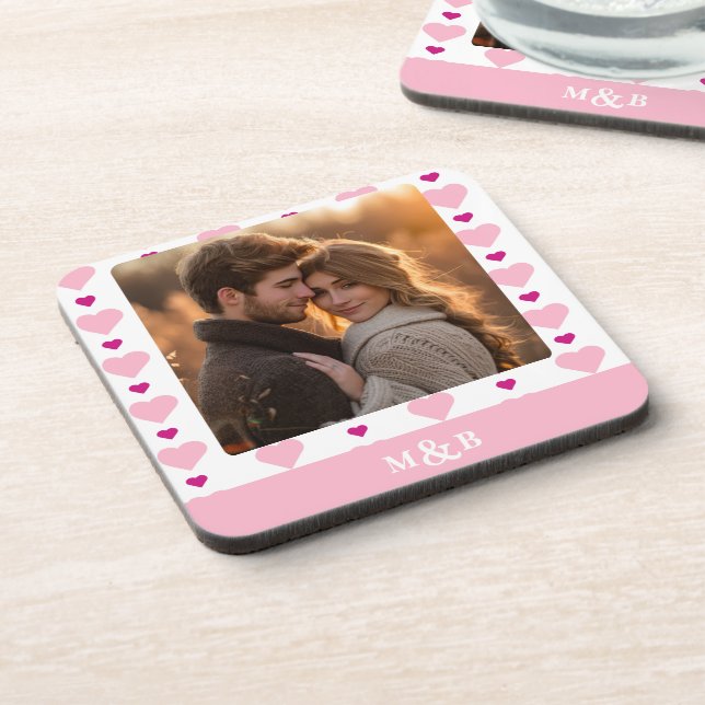 Cute Pink and White Monogram Photo Coaster (Left Side)