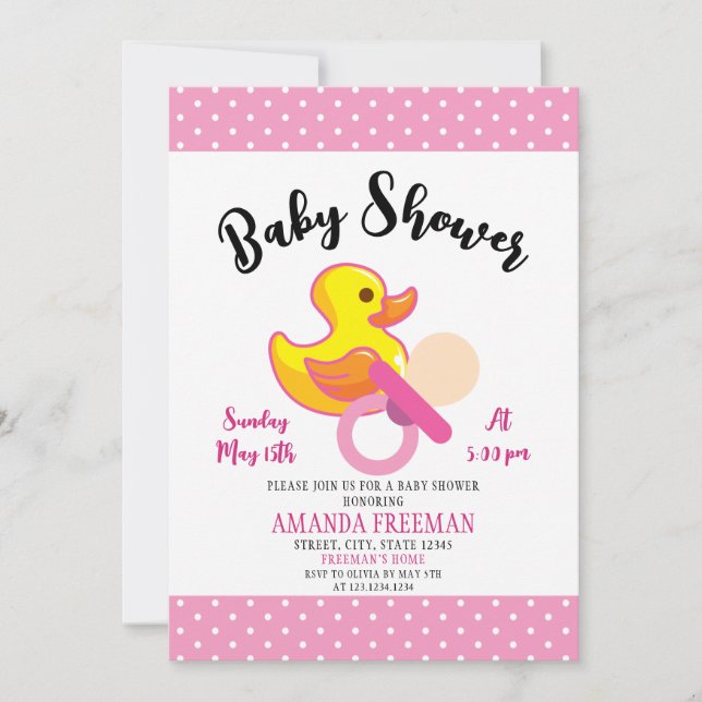 Cute Pink and White Rubber Duck Baby Shower Invitation (Front)