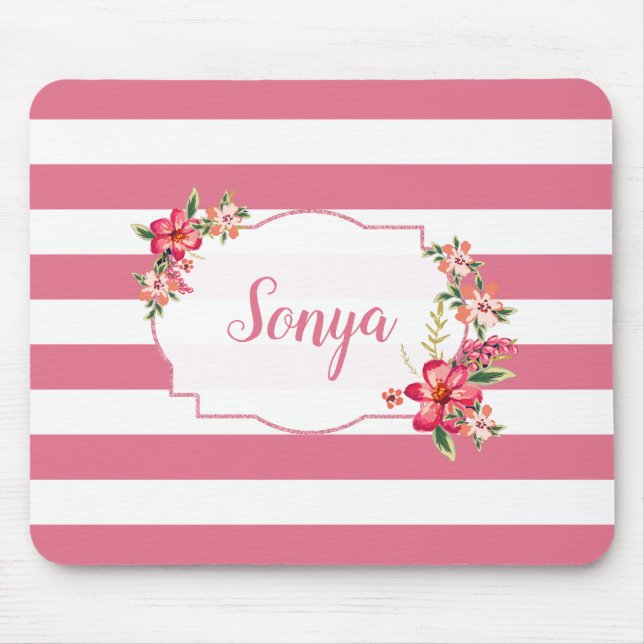 Cute Pink And White Stripes Mouse Pad (Front)