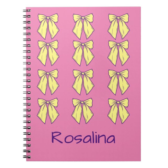 Cute Pink and Yellow Bows Pattern Girl's Name Notebook (Front)