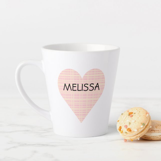Cute Pink and Yellow Plaid Heart PERSONALIZED Latte Mug (In Situ)