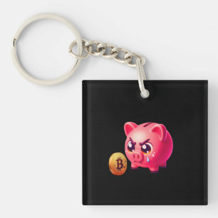 Cute Pink Angry Piggy Bank Holding Gold Bitcoin Co Key Ring