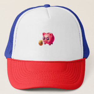 Cute Pink Angry Piggy Bank Holding Gold Bitcoin Co Trucker Hat