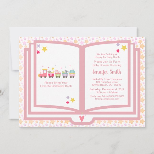 Cute Pink Animal Train Book Theme Baby Shower Invitation (Front)