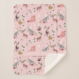 Cute pink animals sloth, zebra & birds nursery   sherpa blanket