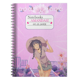 Cute-Pink Anime Girl Floral Aesthetic Notebook