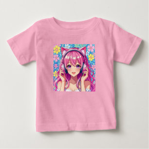 Cute Pink Anime Girl with Headphones   Baby T-Shirt