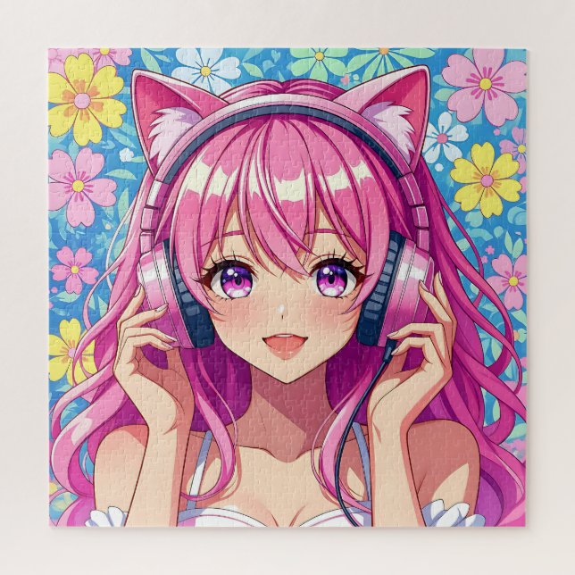 Cute Pink Anime Girl with Headphones Jigsaw Puzzle (Vertical)