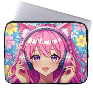 Cute Pink Anime Girl with Headphones Laptop Sleeve