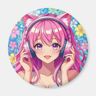 Cute Pink Anime Girl with Headphones Magnet