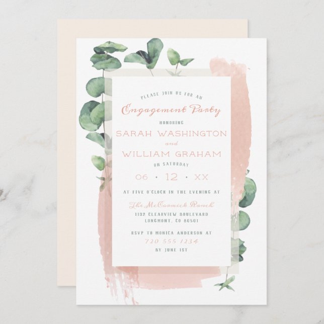 Cute Pink Aquarelle Brush Floral Engagement Party Invitation (Front/Back)