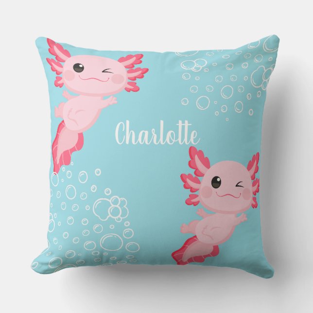 Cute Pink Axolotl Aqua Blue Underwater Kids Cushion (Front)