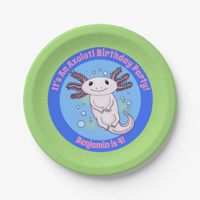 Cute pink axolotl blue bubbles pet cartoon paper plate (Front)
