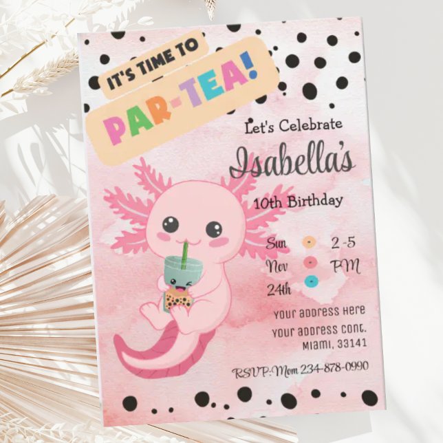 Cute Pink Axolotl Boba Tea Birthday Invitation (Creator Uploaded)