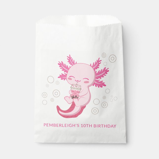 Cute Pink Axolotl Bubble Boba Tea Birthday Party Favour Bag (Front)