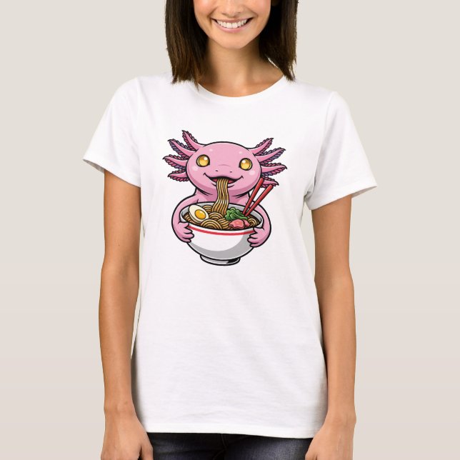 Cute Pink Axolotl Eating Ramen Noodles Cartoon T-Shirt (Front)