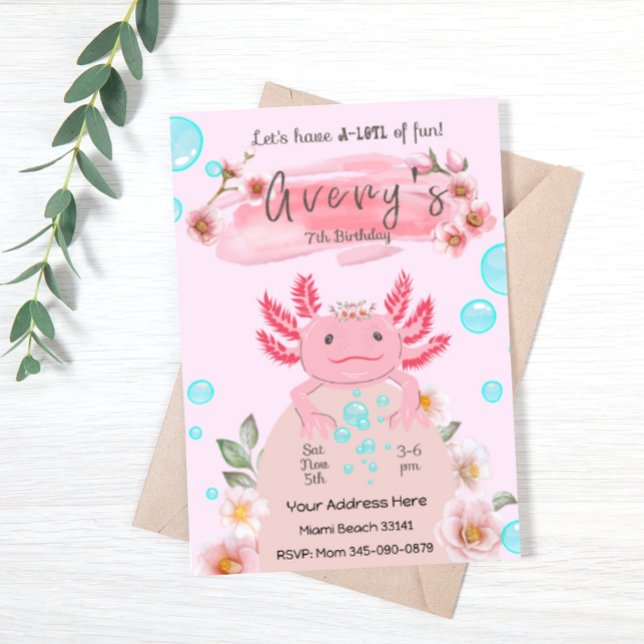 Cute Pink Axolotl Girls Birthday Party Invitation (Creator Uploaded)