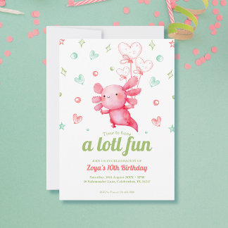 Cute Pink Axolotl Kids Birthday Party Invitation