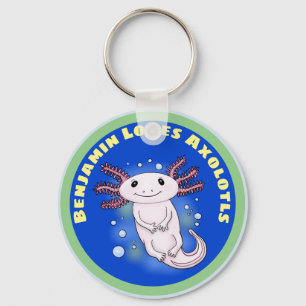 Cute pink axolotl on blue bubbles pet cartoon key ring