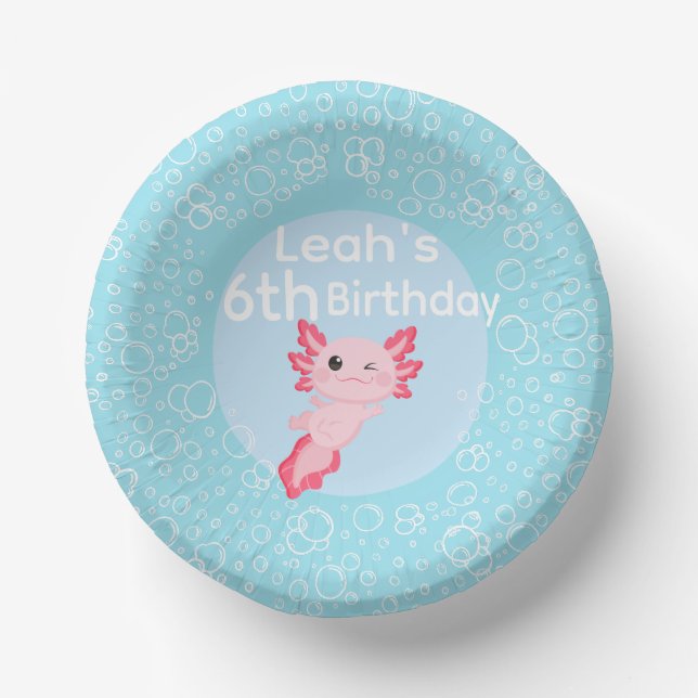Cute Pink Axolotl Underwater Birthday Party  Paper Plate (Front)