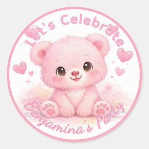 Cute Pink Baby Bear Girl Birthday Classic Round Sticker