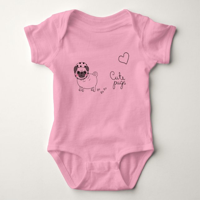 cute pink baby bodysuit with pug (Front)